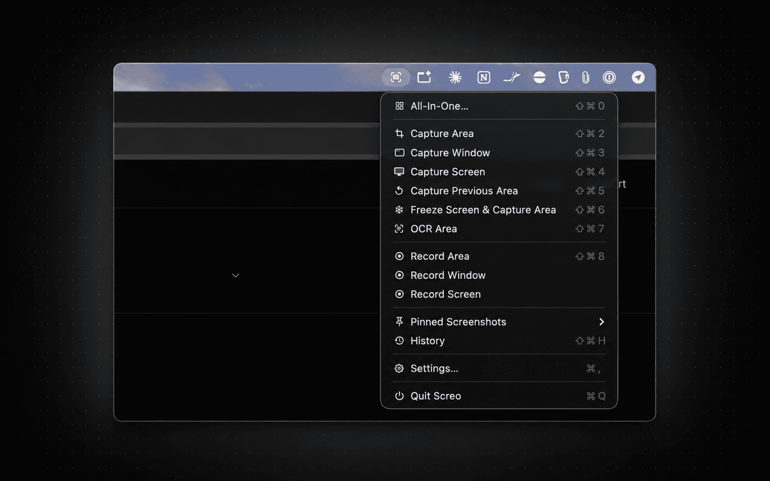 Screo's menu bar dropdown, showing every capture, recording, and history shortcut